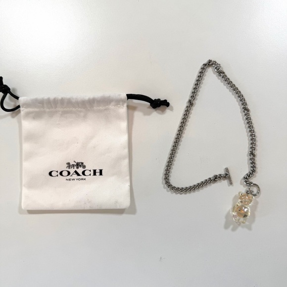 Coach Clear Resin Bear Pendant Necklace w Floating Heart Gem 15” Chain + Pouch